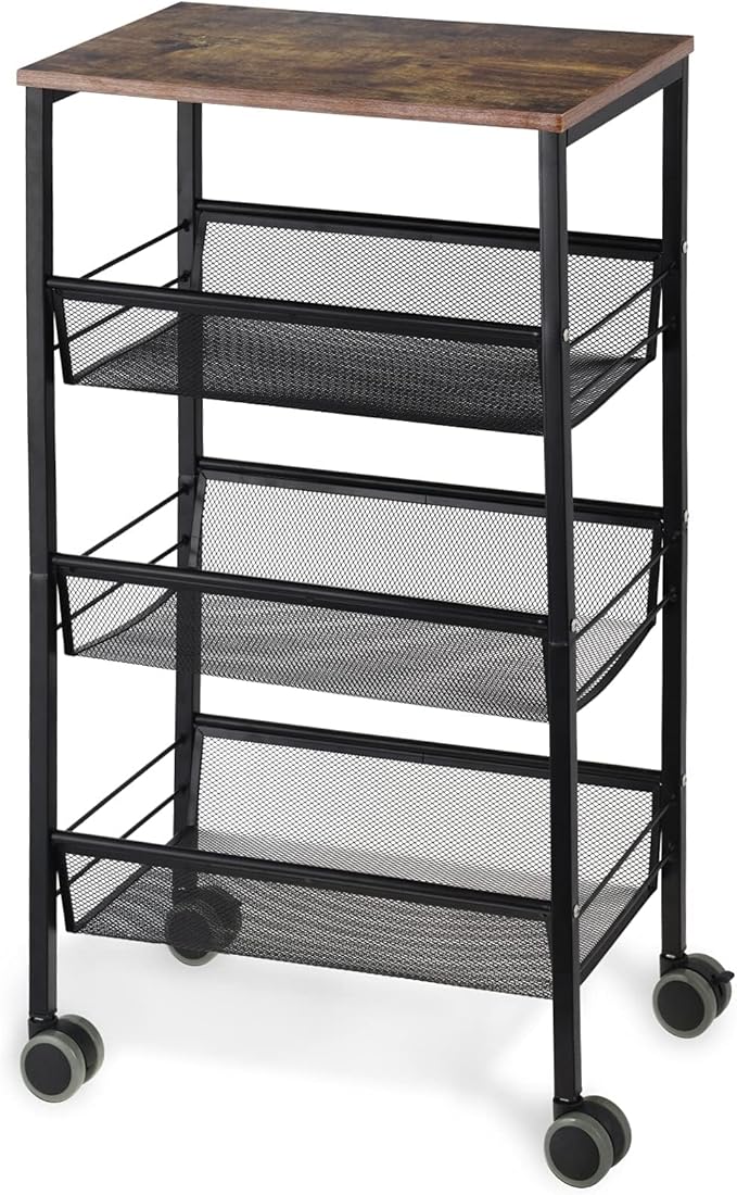LIANTRAL Rustic Kitchen Storage Cart, 4 Tier Kitchen Cart on Wheels, Metal Mesh by LIANTRAL