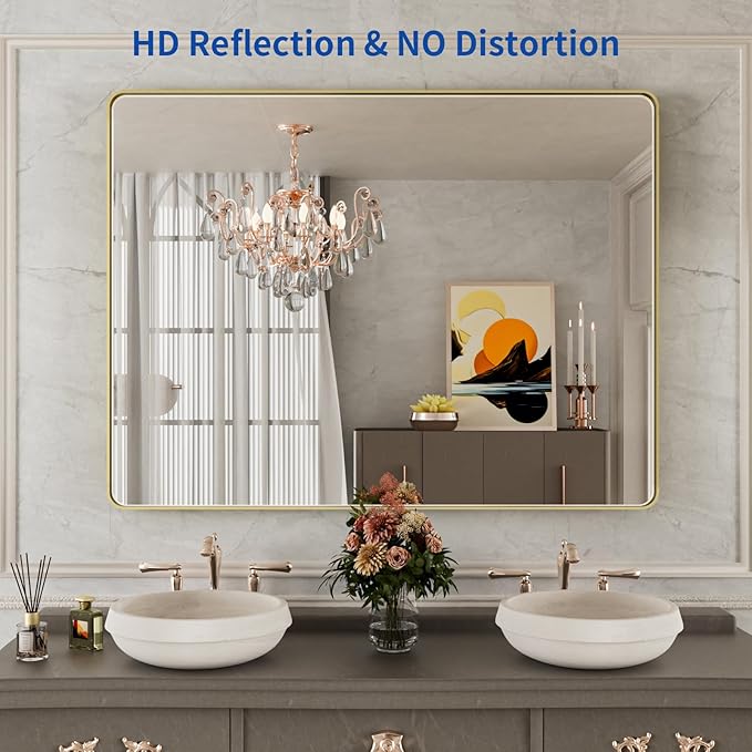 WEER Gold Bathroom Mirror, 48X36 Inch Brushed Gold Metal Frame Mirror, Rounded - Image 2