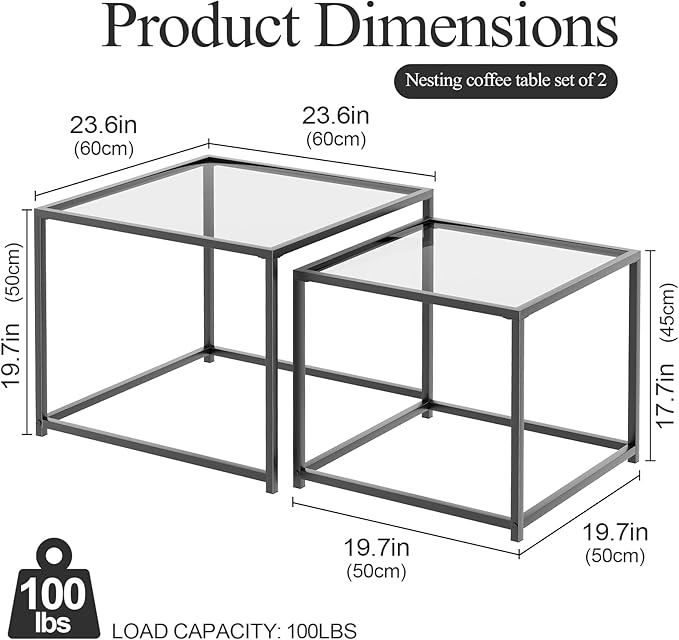 VILAWLENCE Coffee Table Set of 2, Modern Grey Glass Side Table, Metal Frame - Image 2
