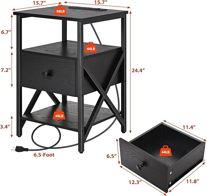 Side Tables with Charging Station, Nightstands with Wood Drawer, Night Stand - Image 3