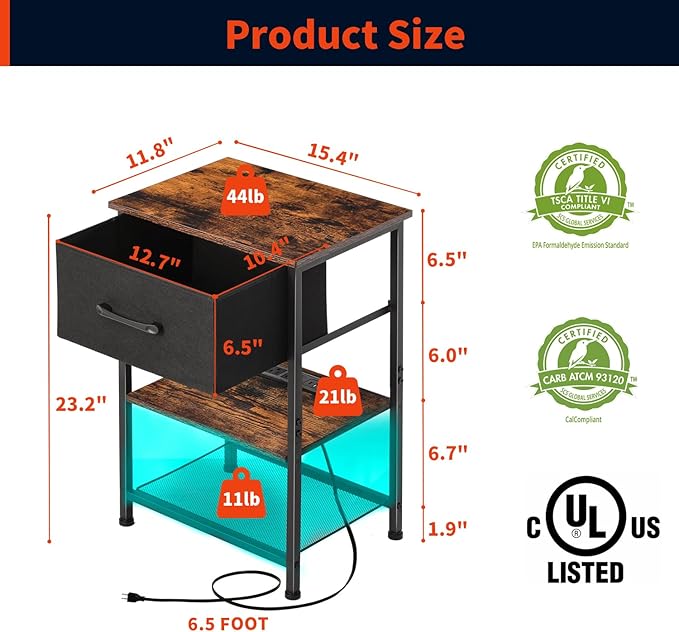 Nightstands Set of 2 with Charging Station and Drawer, End Table Side Table - Image 3