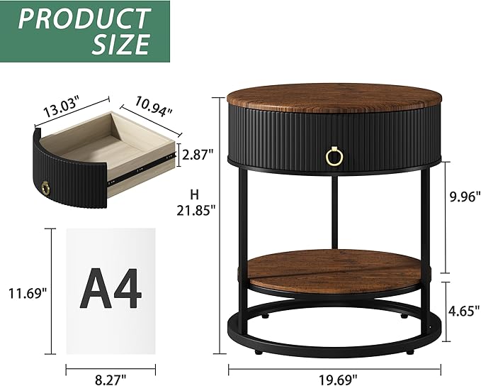 OIOG Round End Table with Drawer, Modern Wood Grain Side Table with Shelf - Image 2