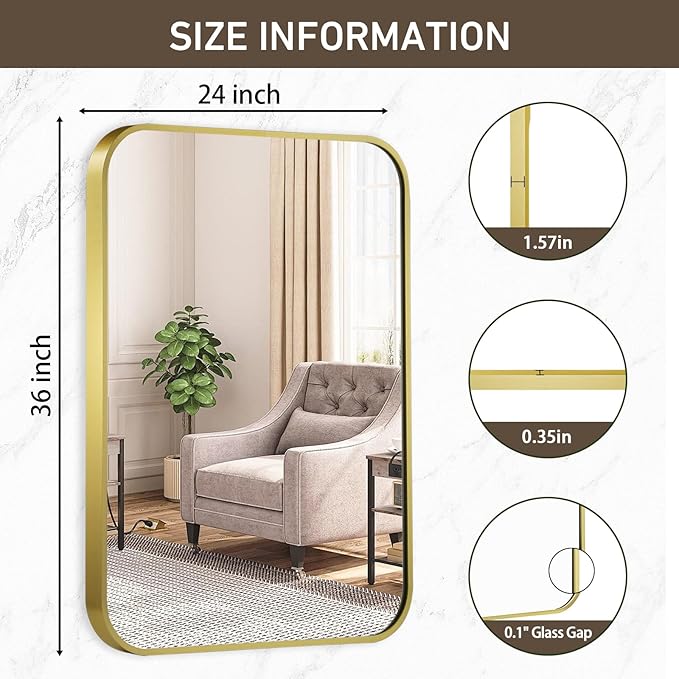 Matte Gold Mirror, 24x36 Inch Brushed Gold Mirror, Aluminum Alloy Framed Vanity - Image 6