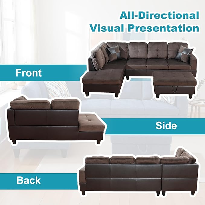 L Shaped Couch Upholstered Flannel Fabric 3 Pieces Sofas - Image 6