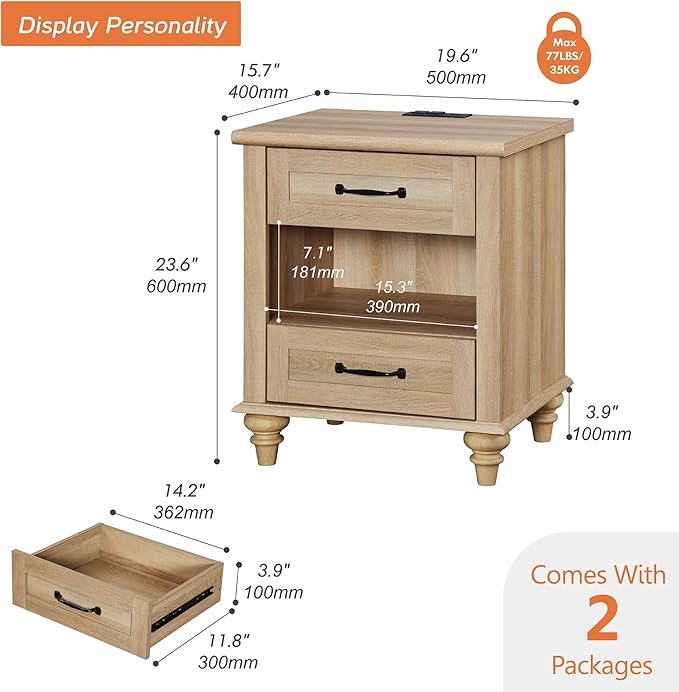 WAMPAT Set of 2 Oak Nightstands Side Tables - Image 3