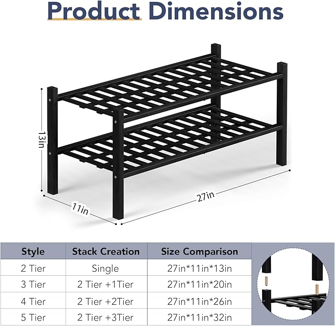 Haddockway 2 Tier Bamboo Shoe Rack Storage Organizer, Small Space 27"x11"x13" - Image 3