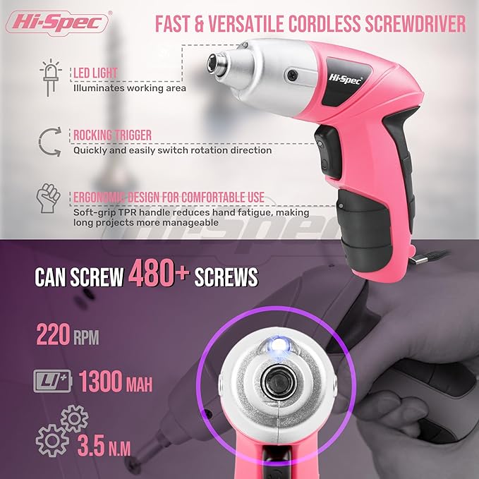 Hi-Spec 19pc 3.6V Pink USB Small Power Screwdriver & Home DIY Tool Kit Set. - Image 3