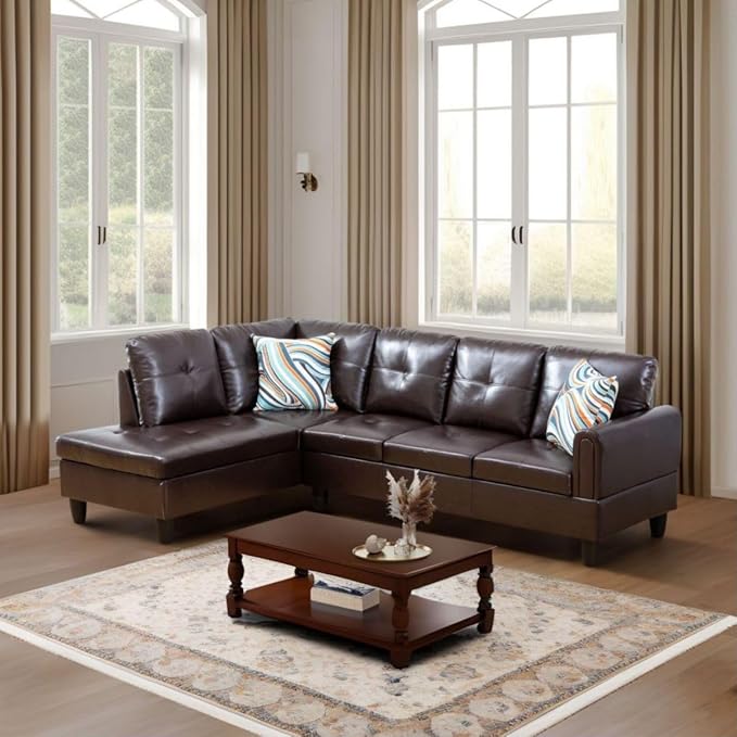Brown L-Shaped 3-Piece Faux Leather Sofa - Image 6