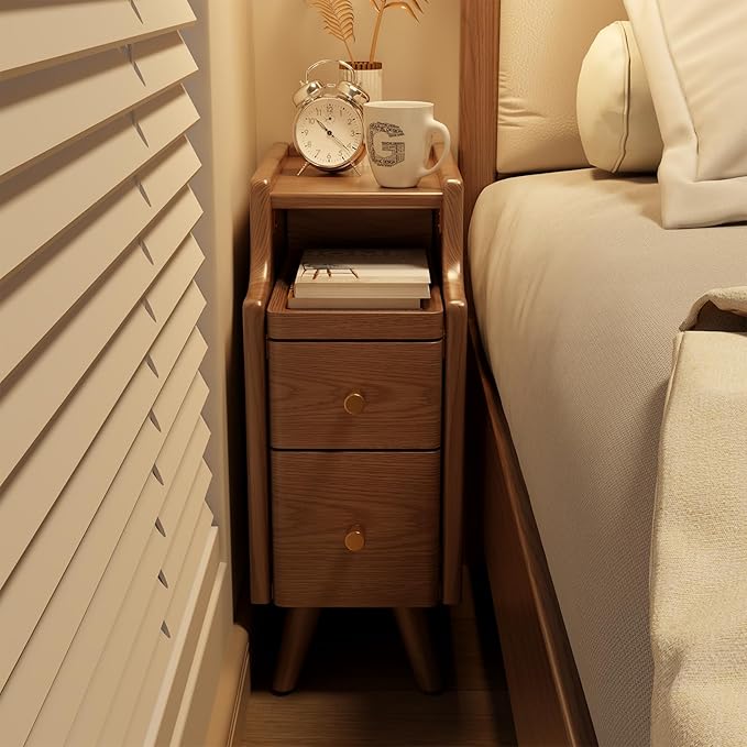 Small Nightstand with Drawers, Solid Wood Bedside Table, Narrow Walnut - Image 5