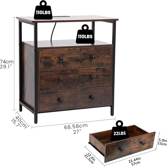 3 Wooden Drawers Nightstand, 27 Inch Wide Night Stand Set 2 - Image 3