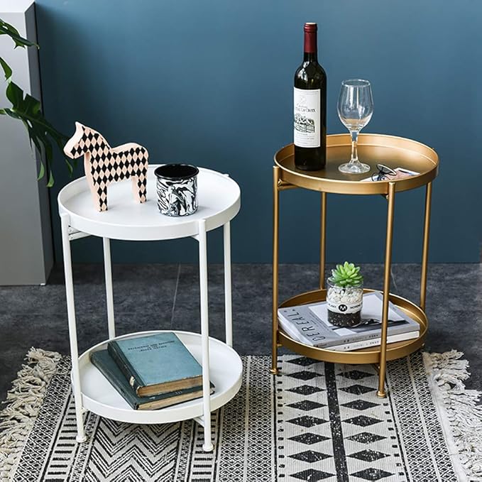 Tiita Round End Table Mental 2-Tier Side Table Nightstand/Small Iron Tables - Image 2
