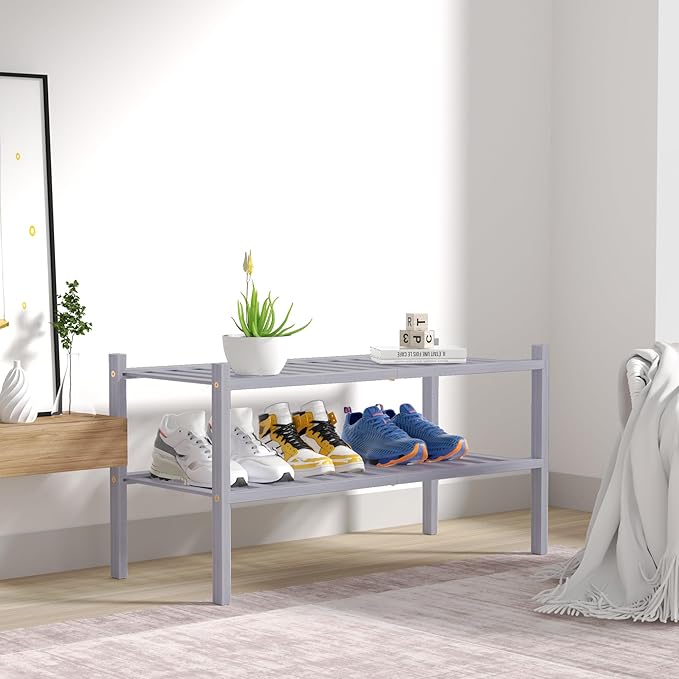 2 Tier Bamboo Shoe Rack for Closet Free Standing Wood Shoe Shelf for Entryway - Image 7