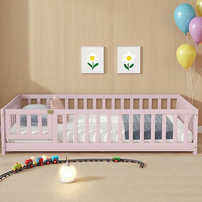 Twin Floor Bed Frame with Slats and Safety Guardrail, Wood Twin Size Montessori by Bellemave