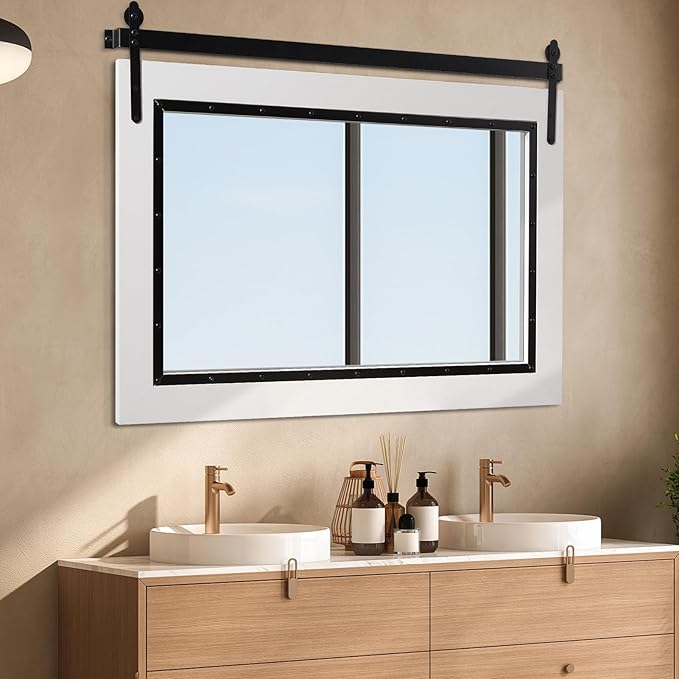 YOSHOOT Farmhouse Barn Door Mirror, Wood Frame Wall Mirror, Wooden Mirror - Image 2