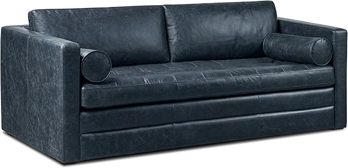 POLY & BARK Napa 82" Leather Pull-Out Convertible Sleeper Sofa in Midnight Blue by POLYBARK