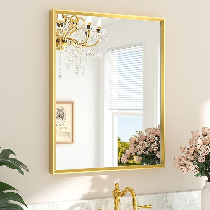 TETOTE Brushed Gold Bathroom Mirror 24" x 30" Brushed Gold Brass Rectangle by TETOTE
