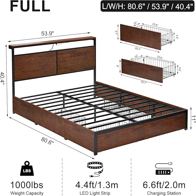Full Bed Frame with Storage Headboard and 4 Drawers Bed Frame Full Size with - Image 2