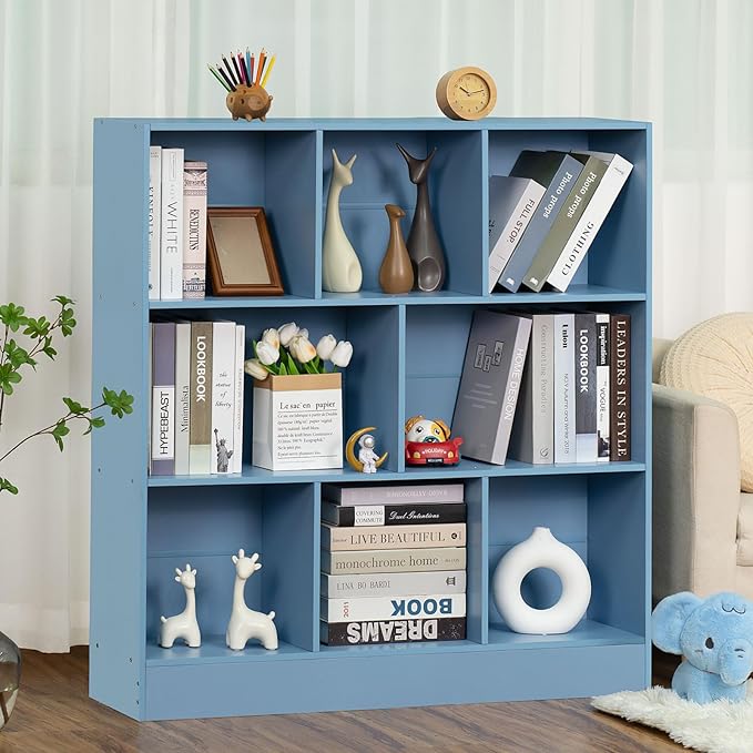 YAHARBO 3 Tier Bookshelf, Wide Kids Horizontal Bookcase, 8 Cube Blue Book Shelf - Image 4