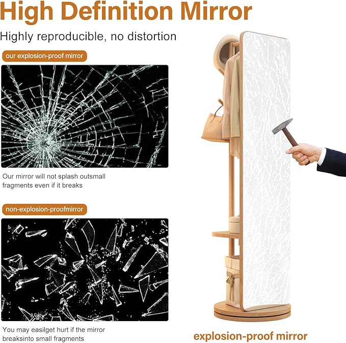 70"x16"Full Length Mirror with Stand, Coat Rack with Mirror, Solid Wood Floor - Image 7
