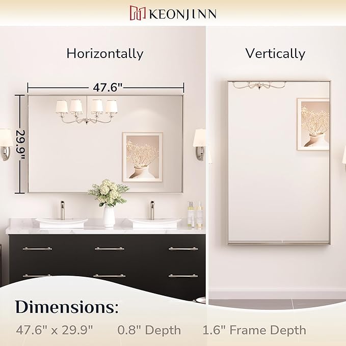 Keonjinn 48 x 30 in Brushed Nickel Bathroom Vanity Mirror, Rectangular Silver - Image 7