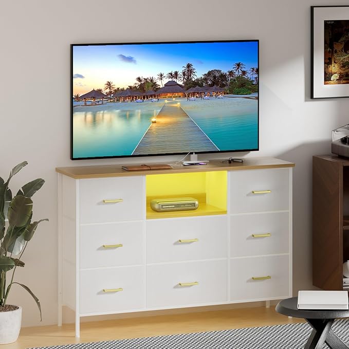 White Dresser with LED Lights and Power Outlets, Dresser TV Stand with 8 Drawers by VASICAR