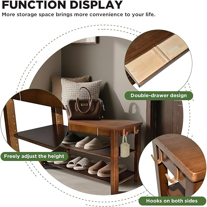 Wood Shoe Bench Entryway with Drawer: 2-Tiers Wooden Storage Shoe Rack with - Image 5