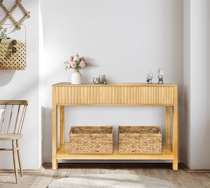 Long Console Table with Storage, Fluted Entryway Slim Sofa Tables Behind Couch - Image 7