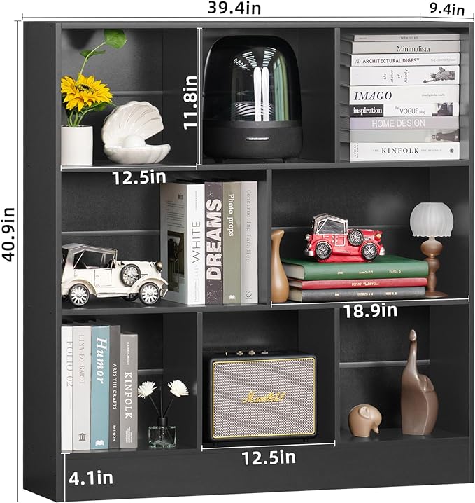 YAHARBO Black Wide Bookshelf, 3 Tier Modern Horizontal Bookcase, Wood Low - Image 2
