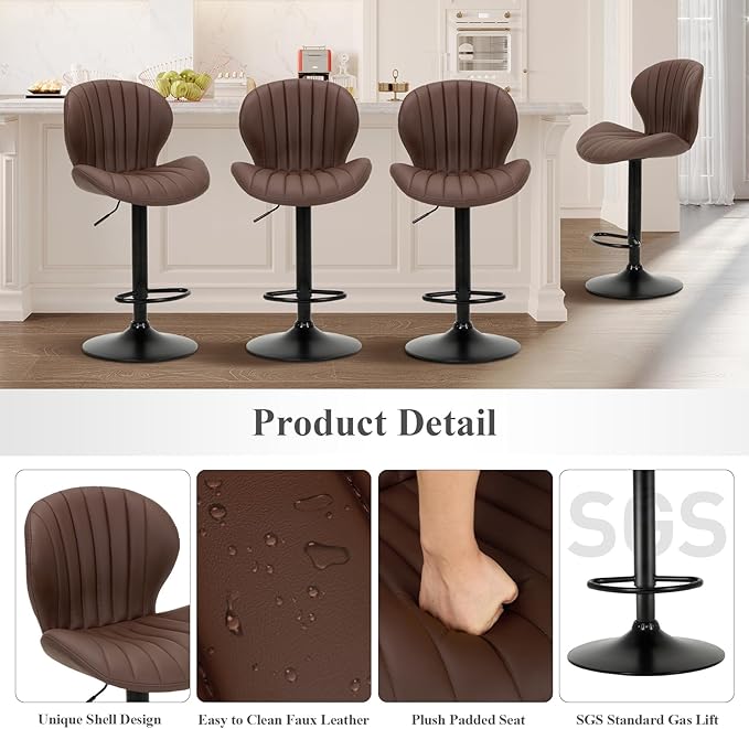COLAMY Bar Stools Set of 2, Modern Swivel Bar Chairs, Adjustable Faux Leather - Image 5