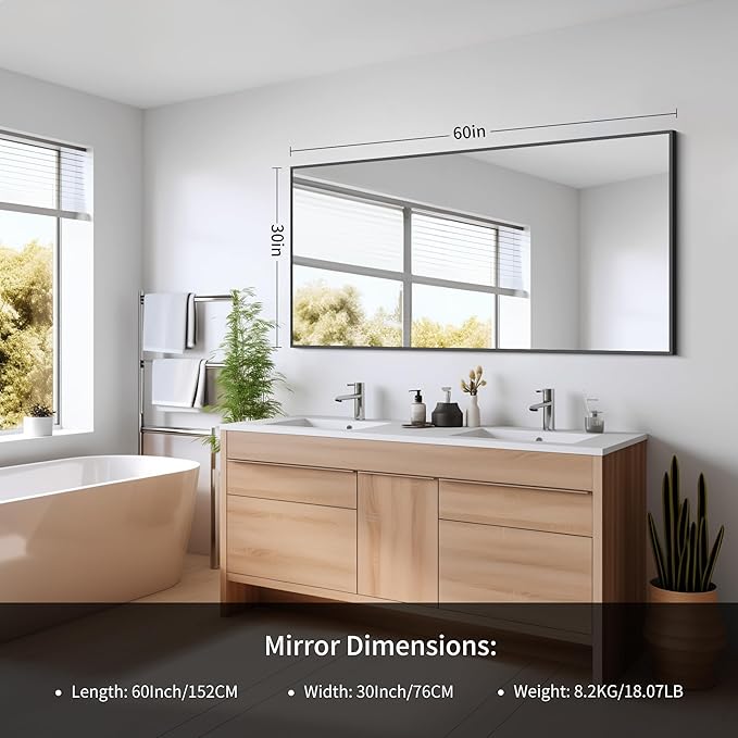 Black Bathroom Mirror for Wall, 60x30 Inch Rectangle Mirrors - Image 4