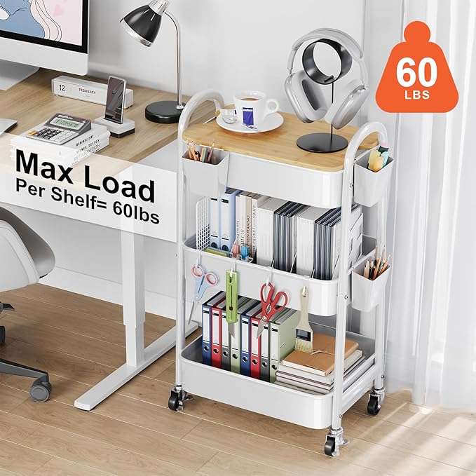 3 Tier Rolling Cart Metal with Wheels and Bamboo Table Top, Art Cart Organizer - Image 6