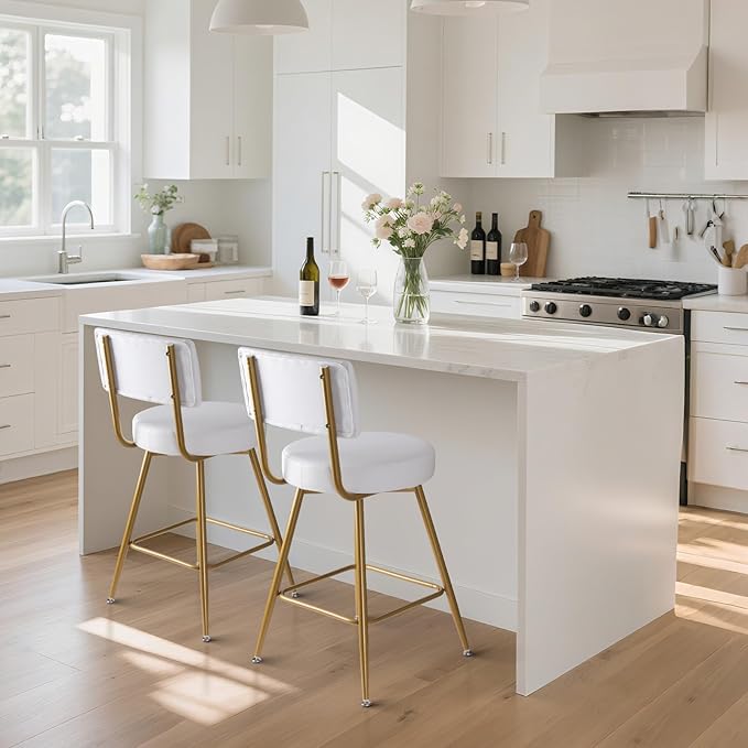 Gold White Bar Stools Set of 2, Modern Counter Height Bar Stools - Image 7