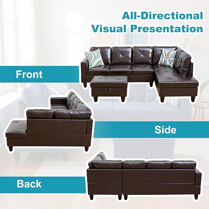 Couches for Living Room Faux Leather L Shaped Couch Comfy 3 Pieces Sectional - Image 6