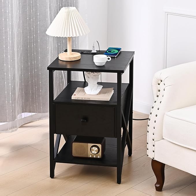 End Table with Wireless Charging Station, End Table with Wood Drawer, Night - Image 2