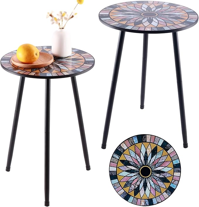 Party Zealot Metal Mosaic Round Side Tables Set of Two 13.4" Small Outdoor by Party+Zealot