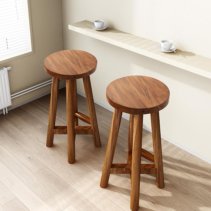 Solid Teak Wood Barstool with Round Seat - Image 7