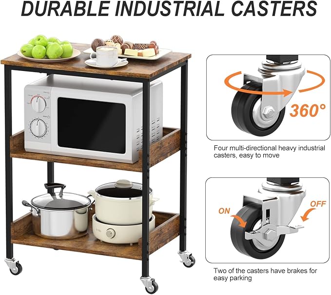 Kitchen Microwave Cart, 3 Tier Rolling Utility Cart on Wheels Coffee Cart - Image 6