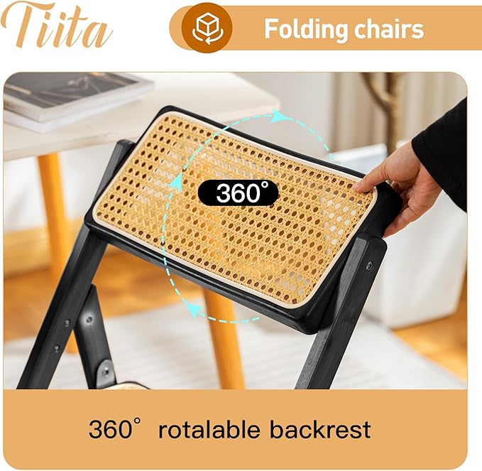Tiita Rattan Dining Chairs Set of 2, Mid Century Modern Folding Chair, Bamboo - Image 9