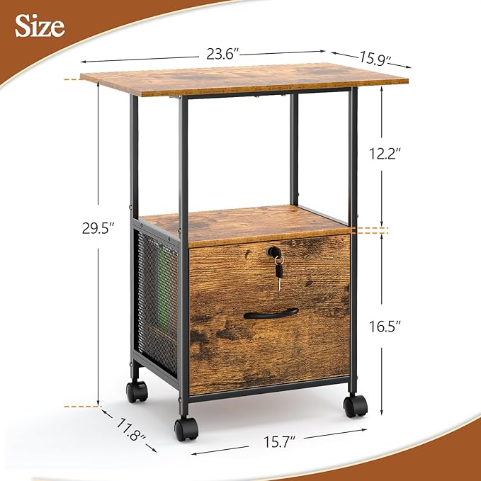 Small Filing Cabinet with Lock, Printer Stand with File Storage, Rolling - Image 2