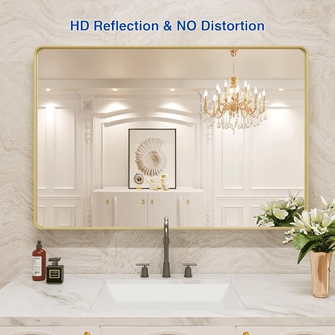 WEER Gold Bathroom Mirror, 48X30 Inch Brushed Gold Metal Frame Mirror, Rounded - Image 2