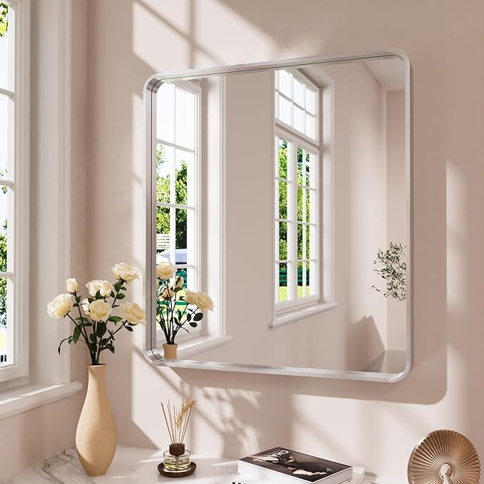 Brushed Nickel Bathroom Mirror 36x36 Inch, Brushed Silver Metal Frame Mirror by JISOSO