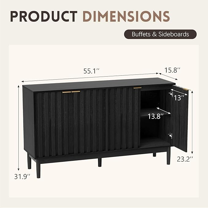 Fluted Cabinet with Storage, Small Buffet Cabinet Sideborad with Door, Kitchen - Image 2