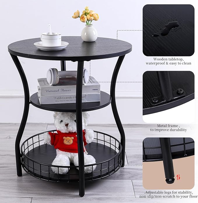 Round Side Table, 3-Tier Accent End Table - Image 5