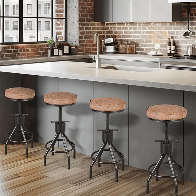 Set of 2-Vintage Bar Stool Swivel PU Leather Seat Kitchen Island Workbench - Image 7