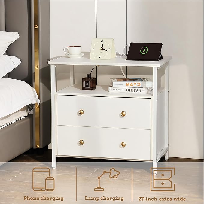 27 inch Wide Nightstand with Charging Station, Bedside Table with Open Shelf - Image 4