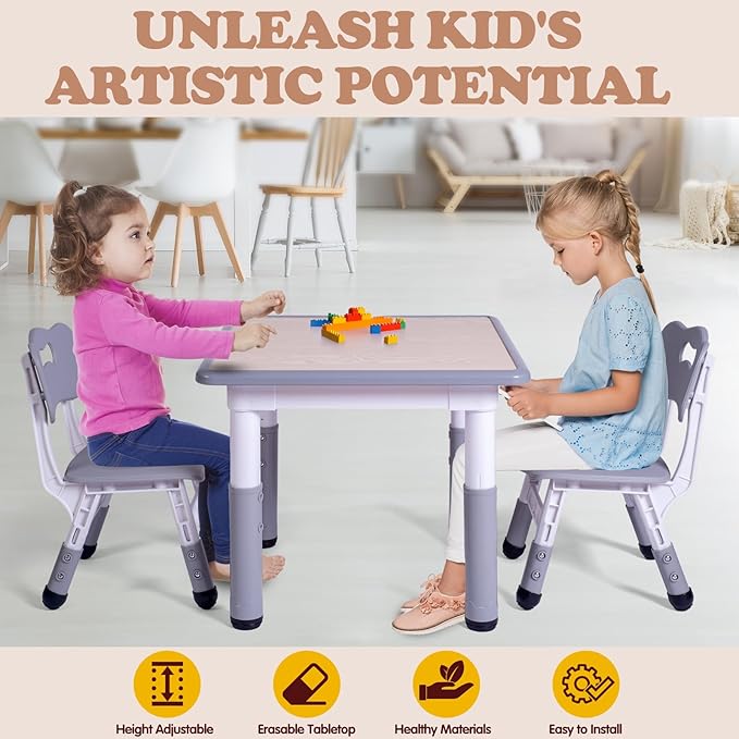 Kids Table and 2 Chairs Set, Height Adjustable Toddler Study Table and Chair Set - Image 3