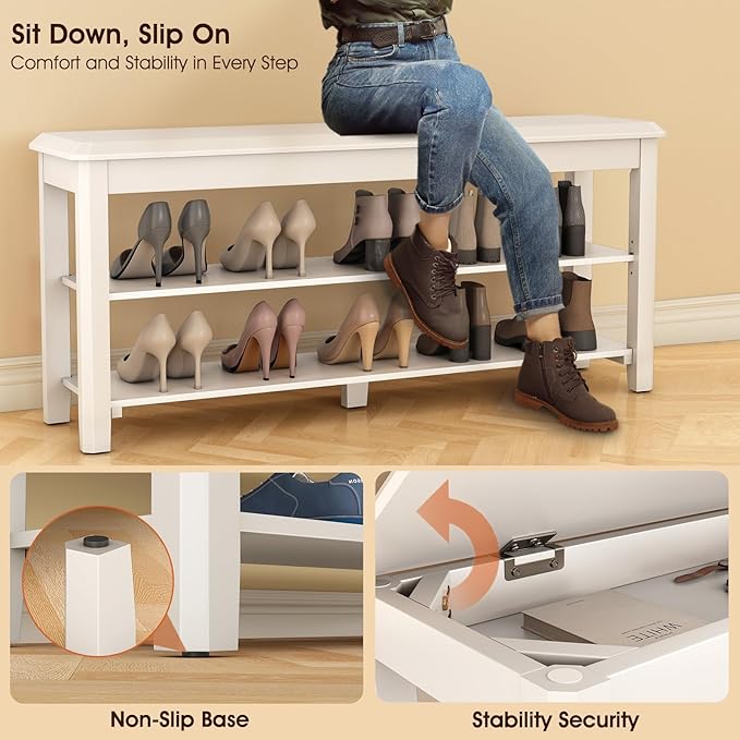 Shoe Rack Bench Seat Rubberwood 2-Tier Wooden Storage Bench 550lbs Compact - Image 7