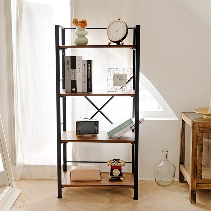 Crofy Rustic Bookshelf, 4 Tier Real Wood Bookshelf, Metal Book Shelf - Image 2