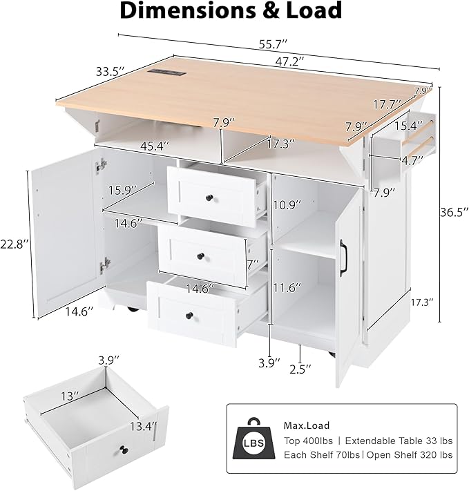 56" Large Kitchen Island with 2 Drop Leafs, Rolling Kitchen Cart on 5 Wheels - Image 2