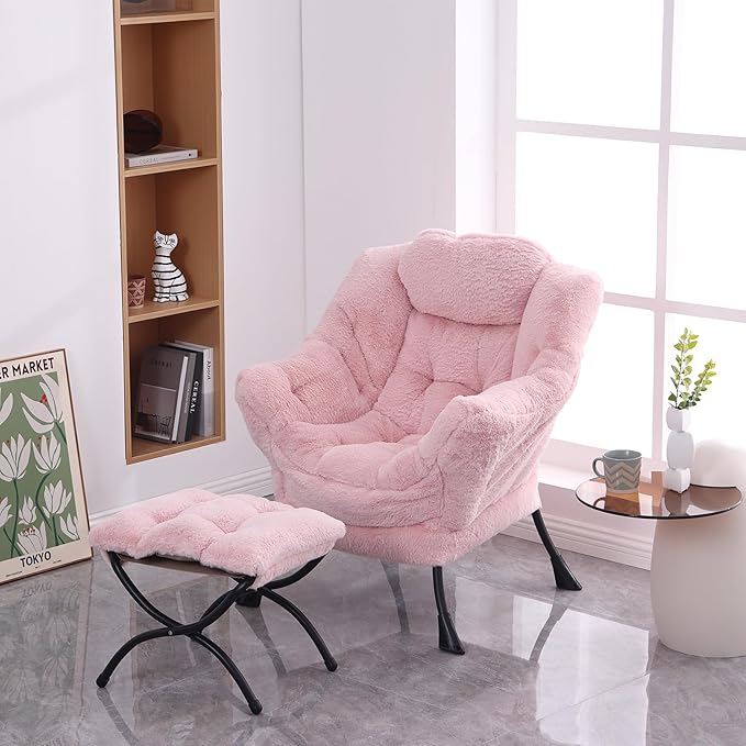 Lazy Chair with Folding Ottoman, Modern Accent Lounge Armchair with Armrests - Image 4